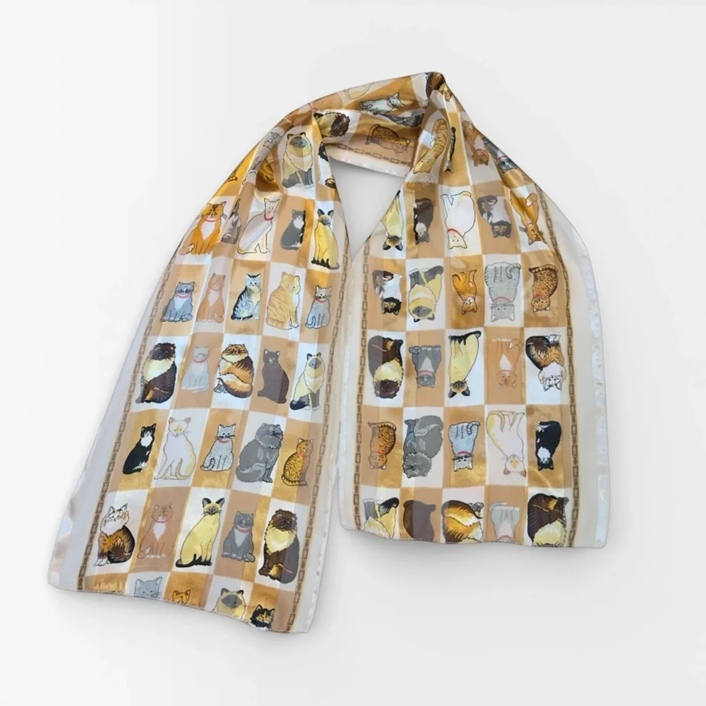 Vintage Yellow Gold White Cat Silk Scarf 13x60